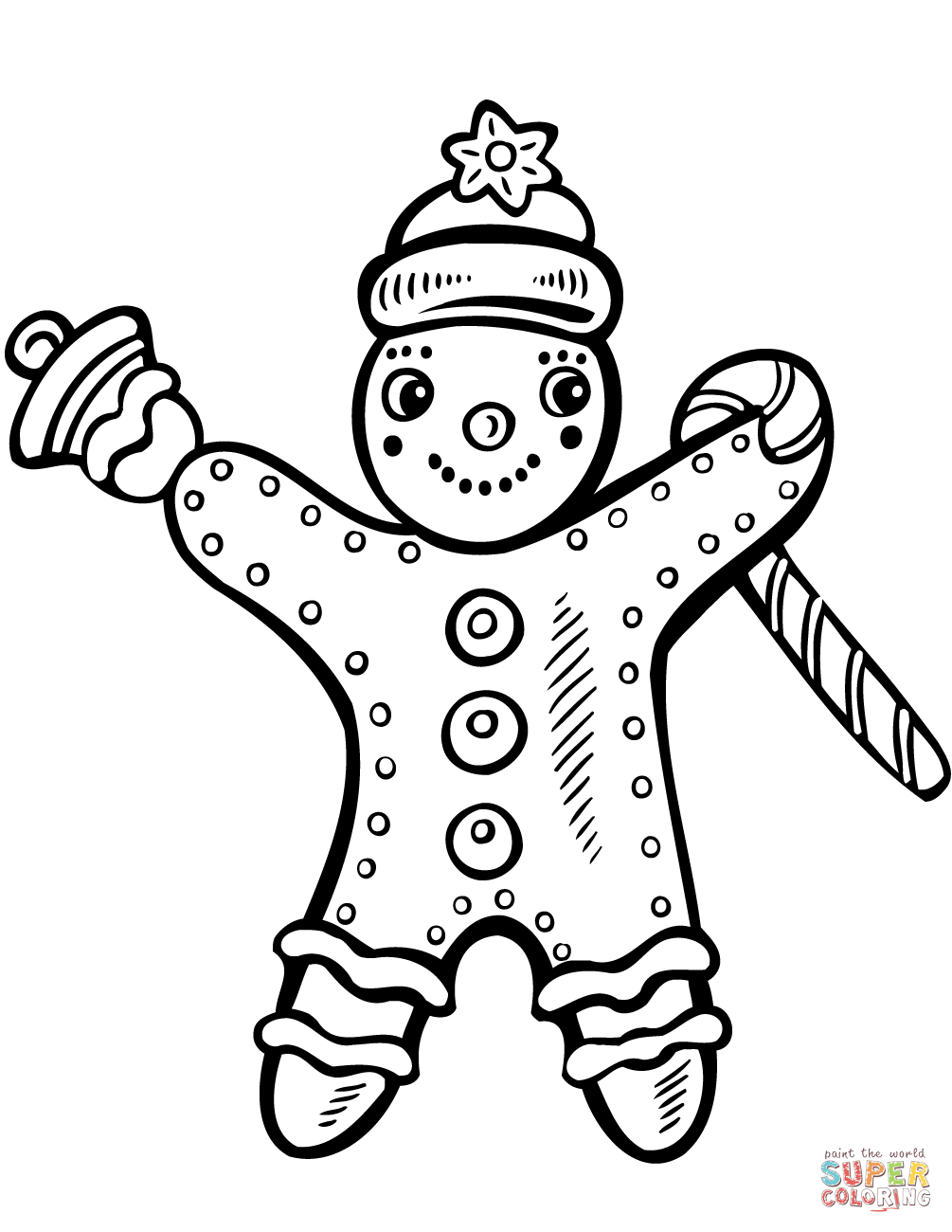 Christmas gingerbread with candy cane and bell coloring page free printable coloring pages