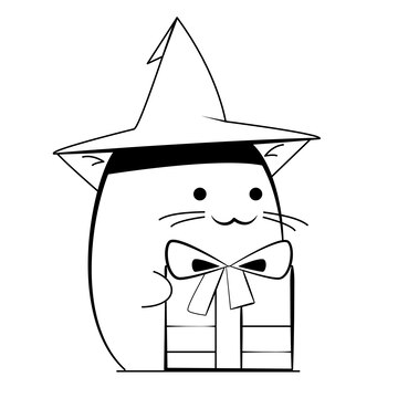 Premium vector halloween cat in a witch hat with different objects in his hands and emotions