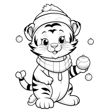 Coloring book for kids with a cute tiger using santa hat and scarf in christmas ball chibi character doodle character kawaii png transparent image and clipart for free download