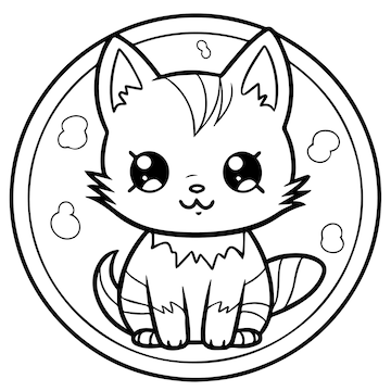 Premium vector a black and white drawing of a cat sitting on a plate a cute cat coloring page