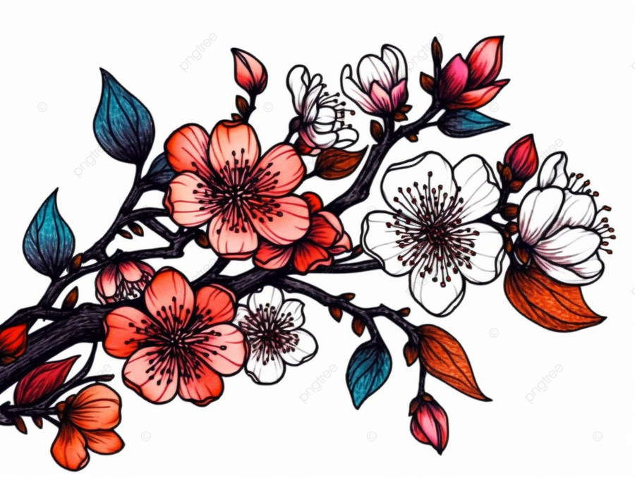 White background with colorful cherry blossom flowers coloring page plum blossom png transparent image and clipart for free download