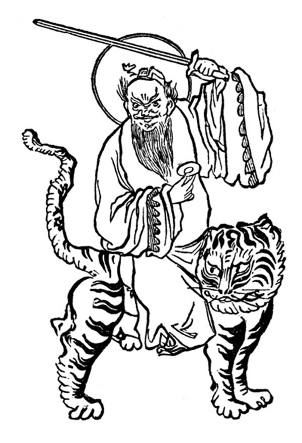 Chinese god ride a tiger in chinese symbols coloring page