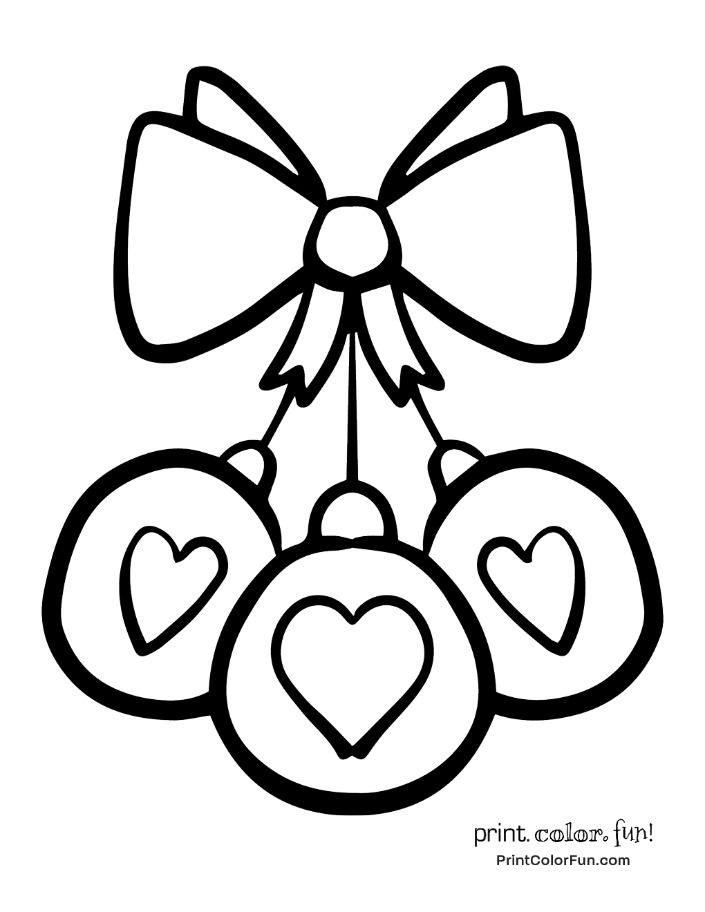 Heres a nice ornament for the christmas tree â three hearts held with a pretty bow â heart christmas ornaments christmas bows christmas ornament coloring page