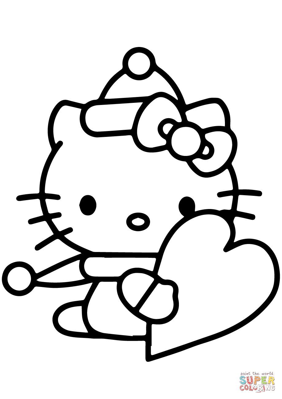 Hello kitty with valentines day heart coloring page free printable coloring pages