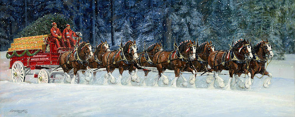 Clydesdales hitch on a snowy day painting by don langeneckert