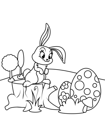 Desenho de adorãvel coelho da pãscoa sobre um tronco de ãrvore para colorir desenhos para colorir e imprimir gratis