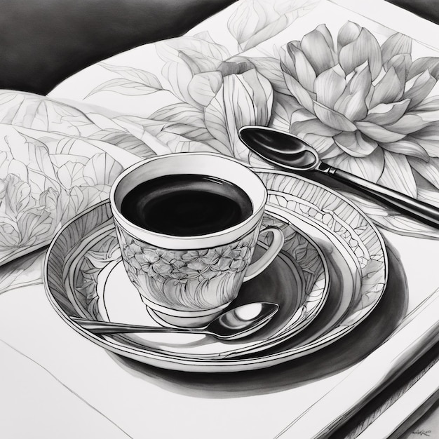 Premium ai image for adults patterned coffee cup coloring page printable qualityblack and white poster quality