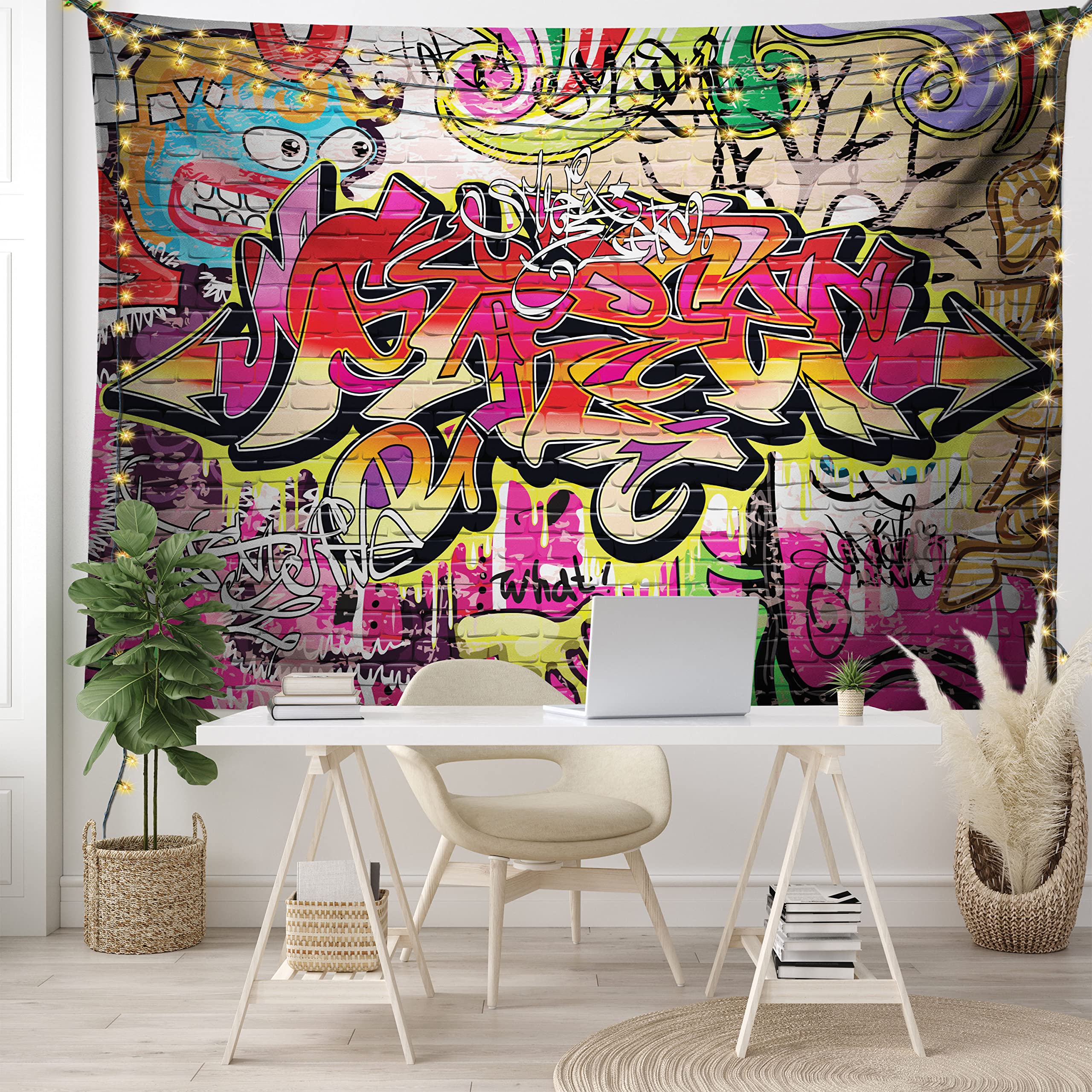 Ambesonne brick wall tapestry graffiti on urban street art spray paint tagger underground theme print wide wall hanging for bedroom living room dorm x soft red