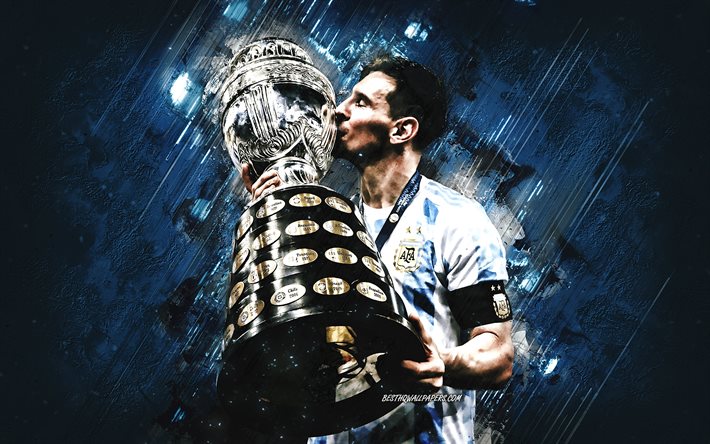 Download wallpapers lionel messi argentina national football team copa america cup messi with cup copa america winners blue stone background grunge art football for desktop free pictures for desktop free