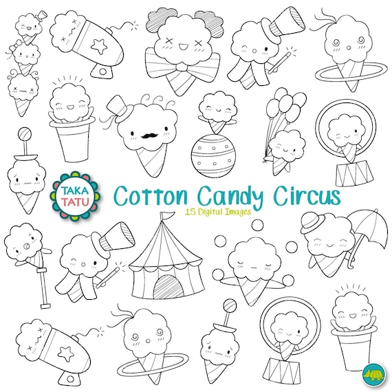 Cotton candy circus clipart kawaii carnival doodles clipart black and white cute line art printable coloring printables for kids