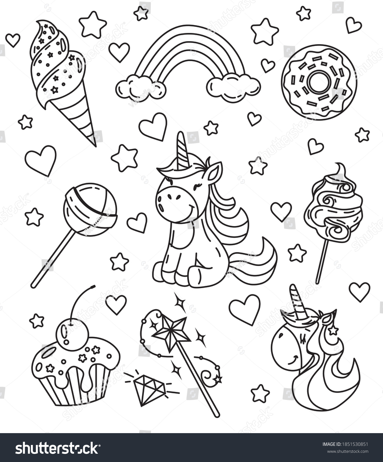Coloring page antistress set unicorn ice stock vector royalty free