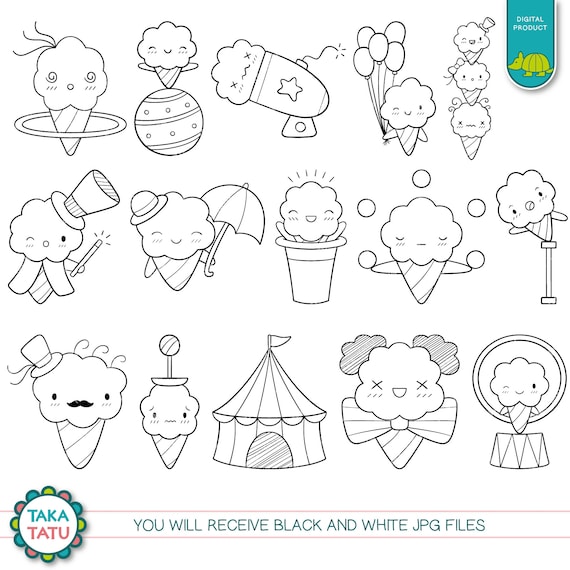 Cotton candy circus clipart kawaii carnival doodles clipart black and white cute line art printable coloring printables for kids