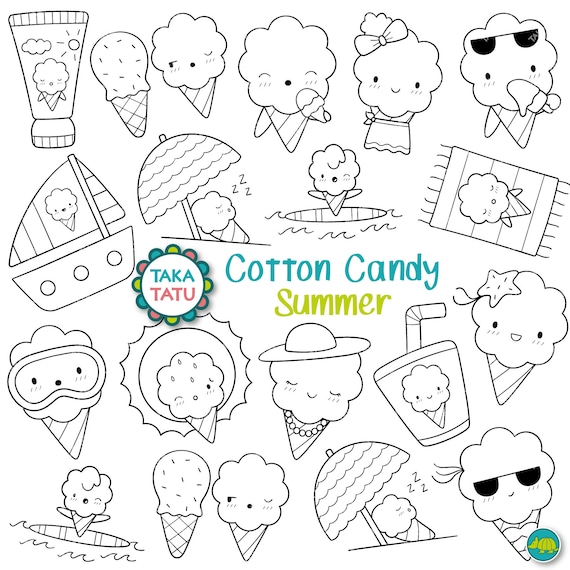Cotton candy summer clipart fun and cute summer digital stamps printable coloring pages for kids kawaii beach day clipart printable