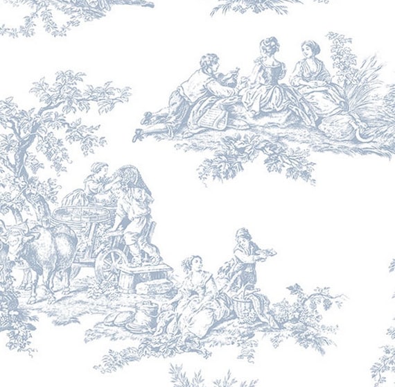 Blue white scenic colonial toile wallpaper country french
