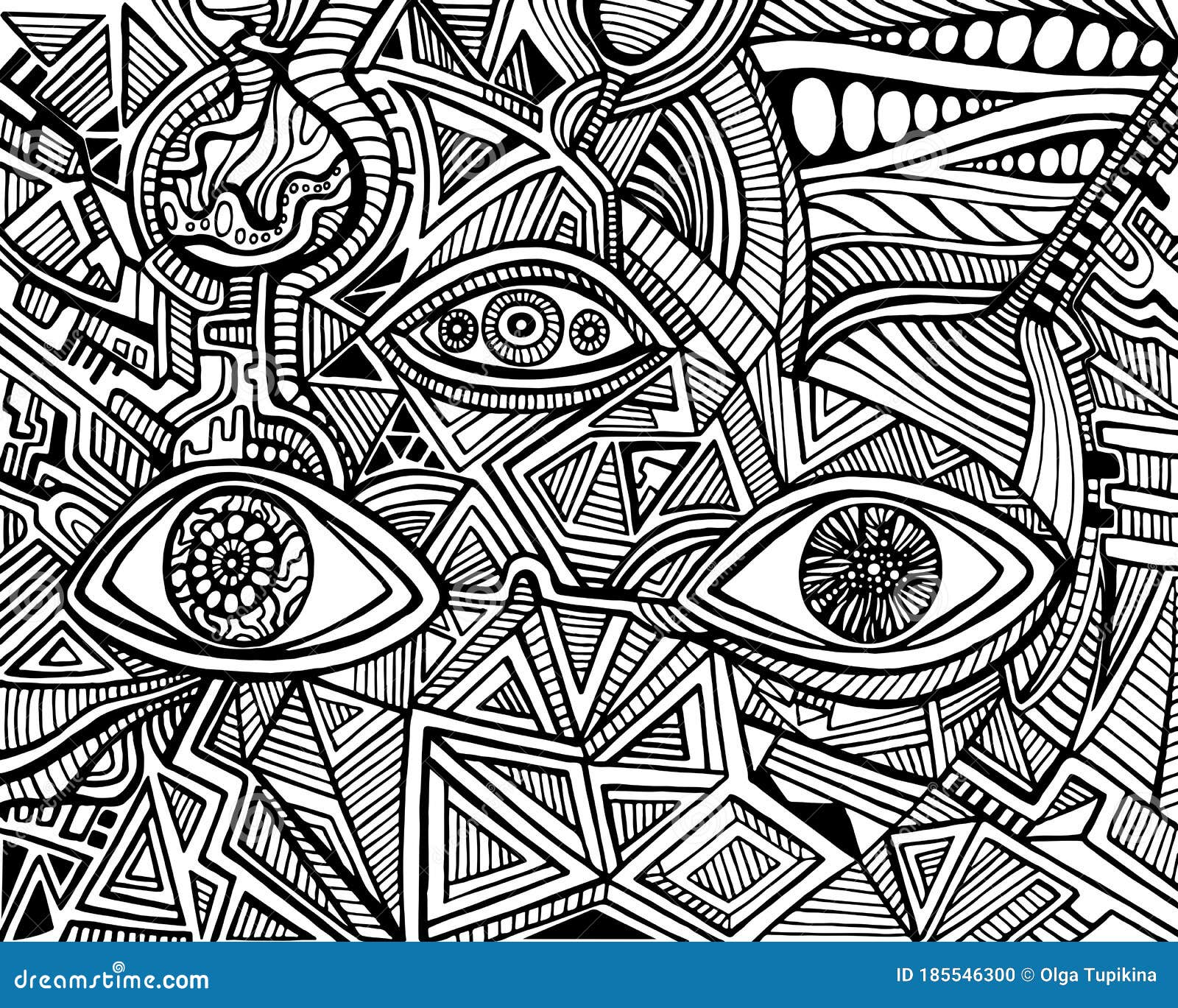 Black and white psychedelic eyes of crazy patterns coloring page stock vector