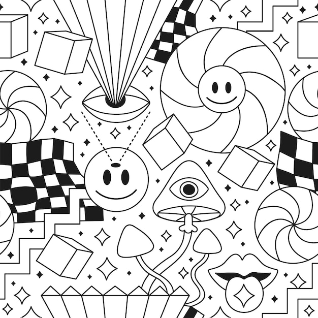 Premium vector trippy psychedelic geometry coloring page seamless patternvector crazy cartoon character illustrationsmile groovy facesacidtrippycells seamless pattern wallpapercoloring book print concept
