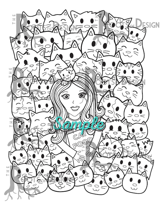 Instant download coloring page crazy cat lady doodle art printable