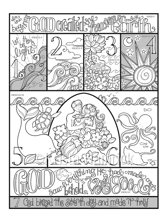 Days of creation coloring page in three sizes x x suitable for framing x for bible journaling tip