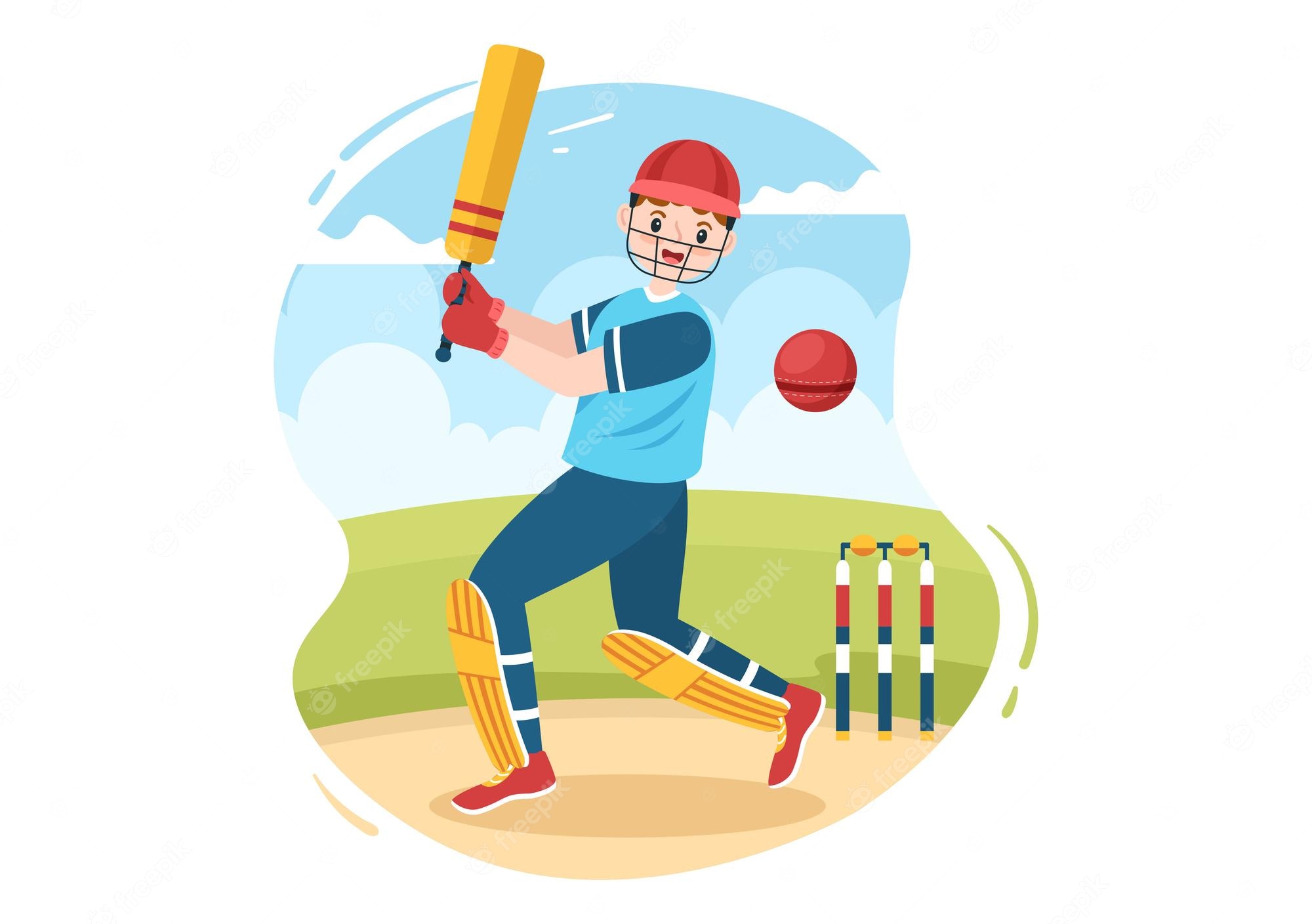 Premium vector batsman playing cricket sports with ball and stick in flat cartoon field background illustration