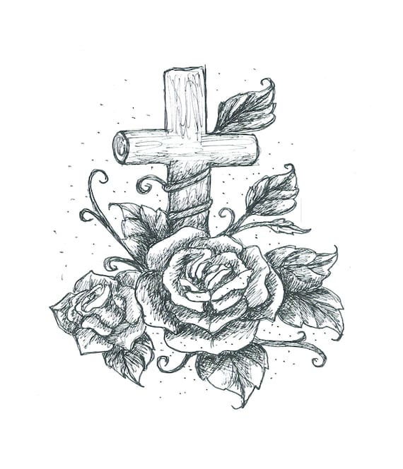Coloring page cross and flowers christian coloring printable download cross and roses hand drawn coloring sheet instant download download now