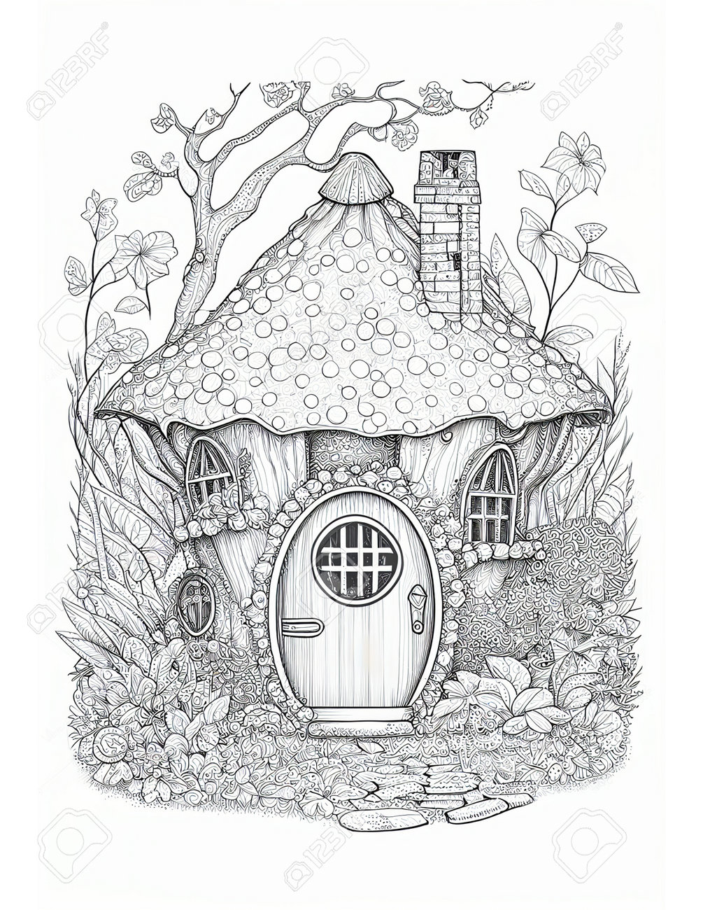 Cute fairy cottage coloring book kids adult coloring pages ai generartive stock photo picture and royalty free image image
