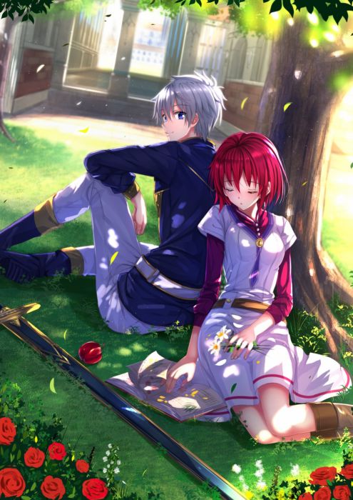 Anime couple red hair tree love cute girl boy wallpaper x