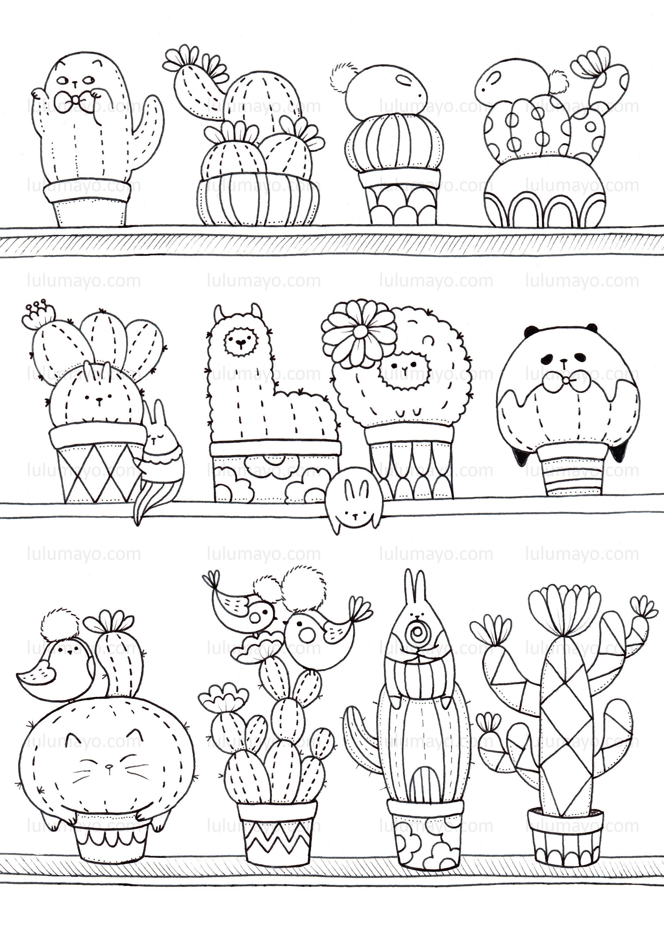 Super cute animal cactus llama cat bird bear rabbit plant coloring page lulu mayo instant digital download