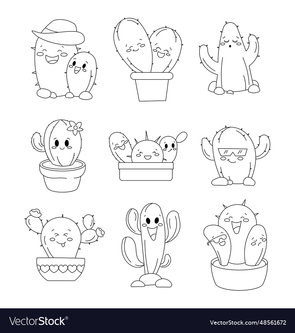 Cute cactus cartoon character coloring page hand vector image