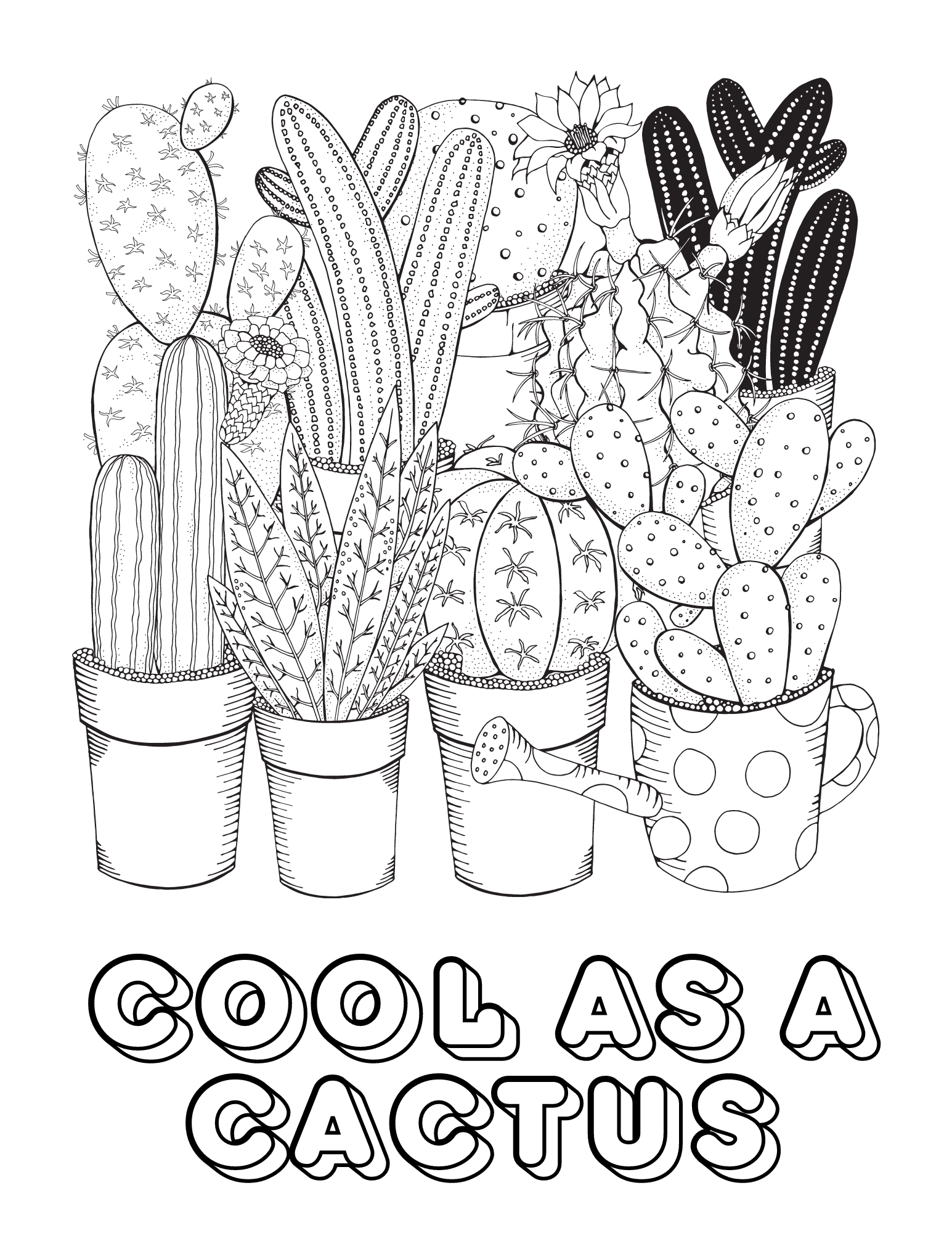 Cute cactus coloring pages for kids and adults