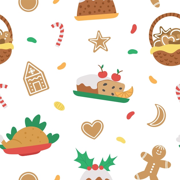 Premium vector vector seamless pattern with traditional christmas desserts and dishes cute funny repeating background new year meal digital paper with winter food