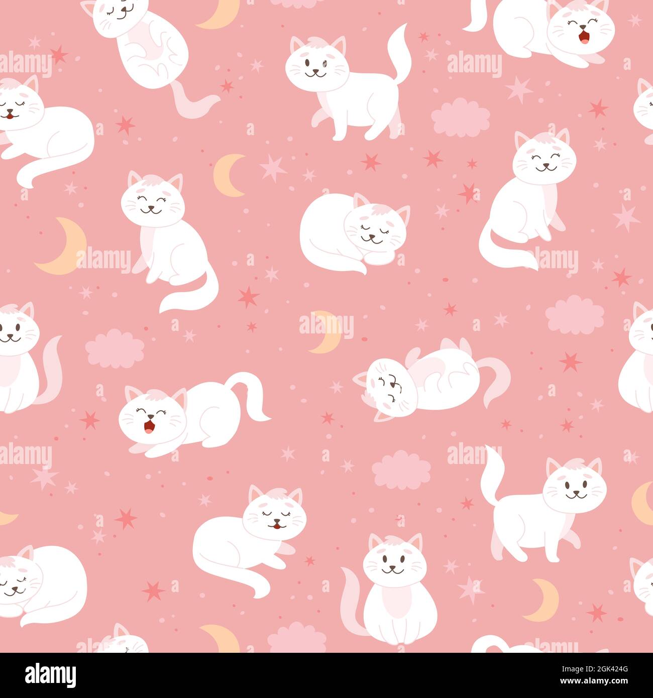Cats pattern with moon stars and clouds cute white cat character in cartoon style vector illustration stock vector image art