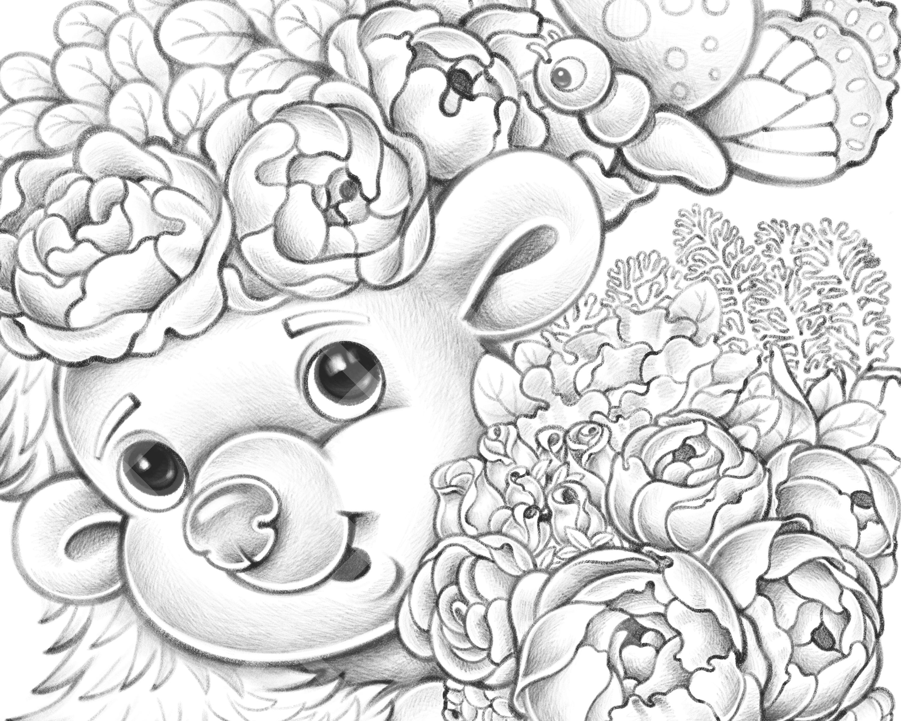 Flower basket grayscale coloring page printable cute coloring book page animal hedgehog butterfly peonies bouquet pdf instant download