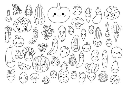 Big set of vegetables and fruits with face coloring book for children cute cartoon food characters with faces black white outline vector illustration vector