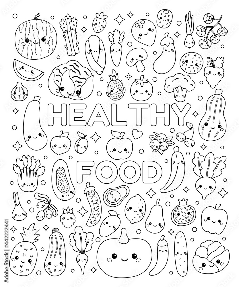 Doodle coloring page with cute vegetables and fruits set of healthy food with funny faces kawaii cartoon characters black and white outline vector illustration