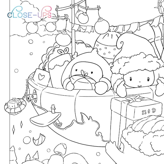 Christmas coloring page cute little xmas helpers winter adult coloring page kawaii santa doodle digital download pdf printable by jen katz instant download