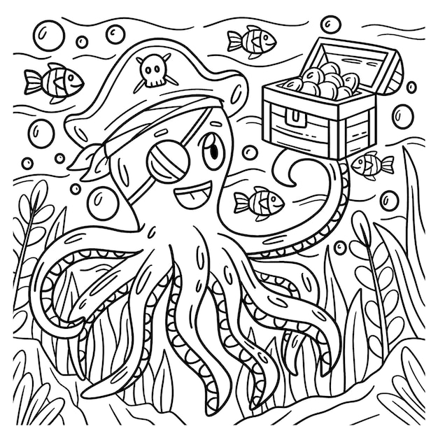 Premium vector a cute and funny coloring page of a pirate octopus holding chest provides hours of coloring fun for children color this page is very easy suitable for little kids
