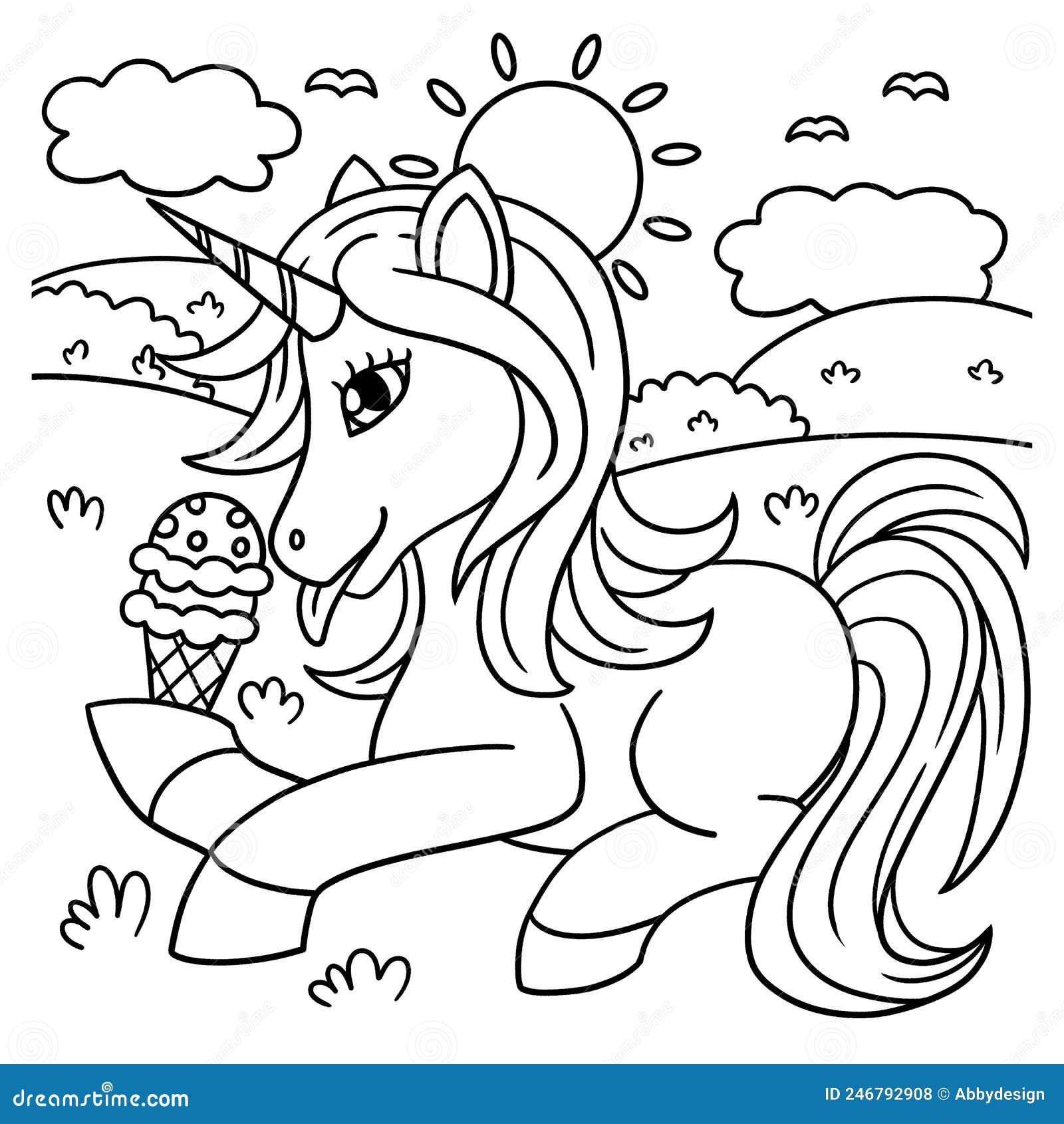 Unicorn eating ice cream coloring page for kids stock vector