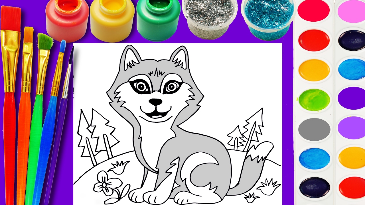 Husky dog coloring page cute puppy for children to learn hand color and paint watercolor