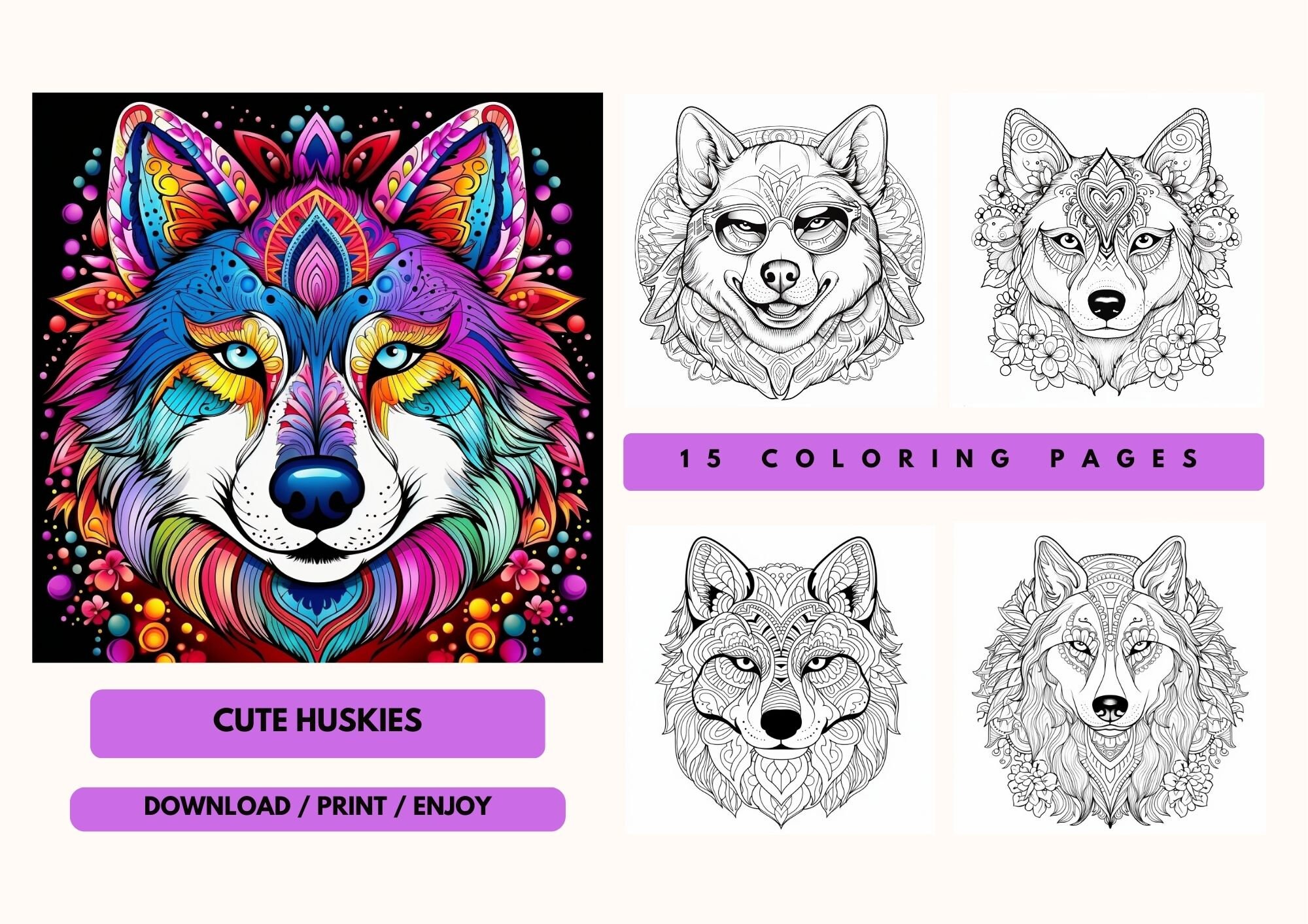 Printable coloring pages cute huskies mandala fun activity for adults and kids digital download
