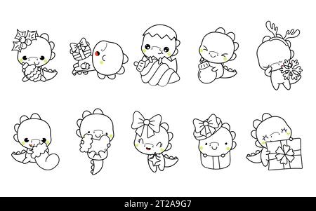 Collection of vector kawaii dino coloring page in love set of isolated cartoon baby dino outline stock vector image art