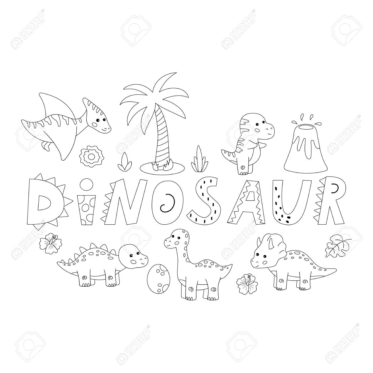 Cute cartoon kawaii dinosaurs coloring page educational game for preschool children black and white vector illustration royalty free svg cliparts vectors and stock illustration image