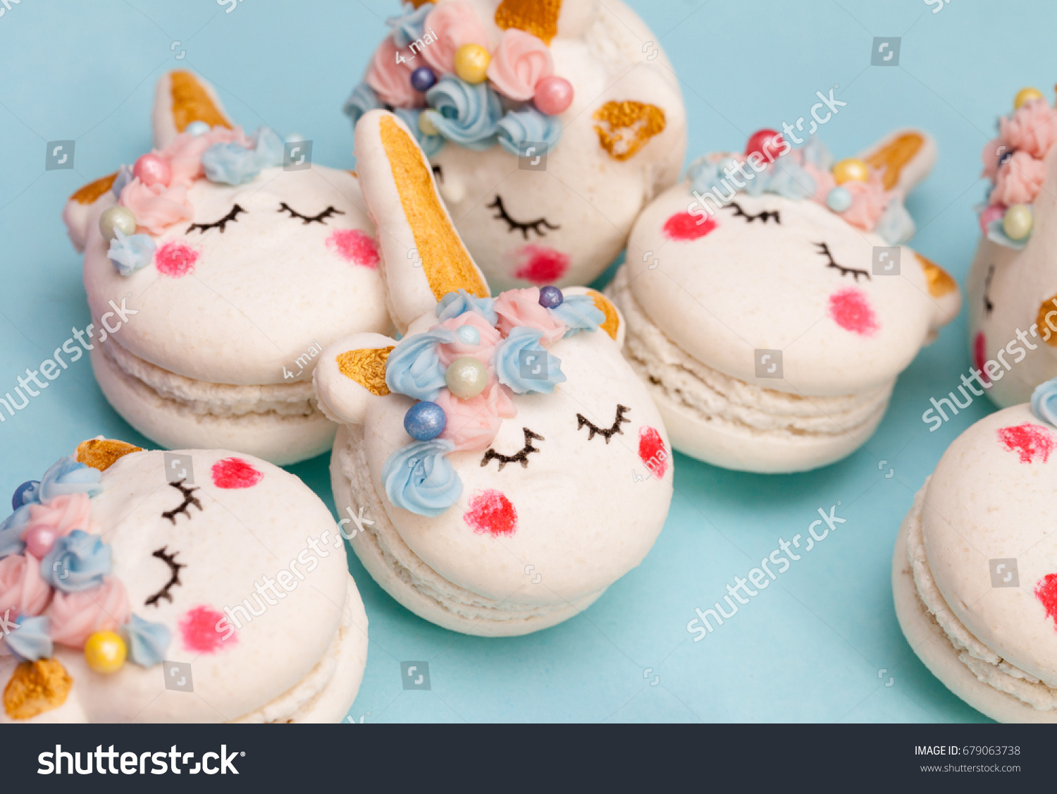 Cute macaron cookies on geometric pastel stock photo