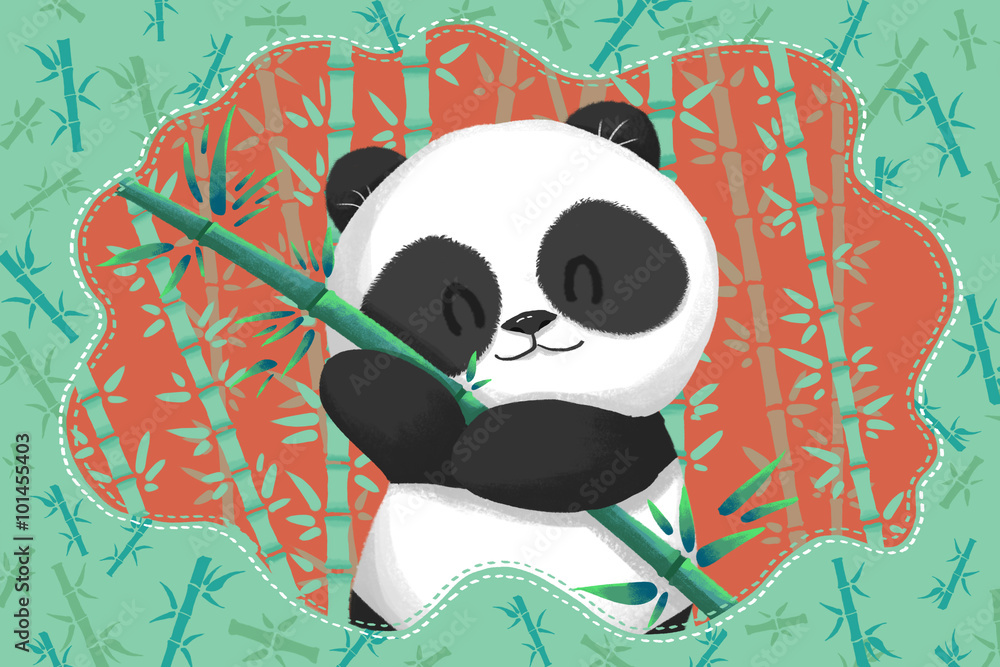 Creative illustration and innovative art cute panda in the green bamboo forest realistic fantastic cartoon style artwork scene wallpaper story background card design