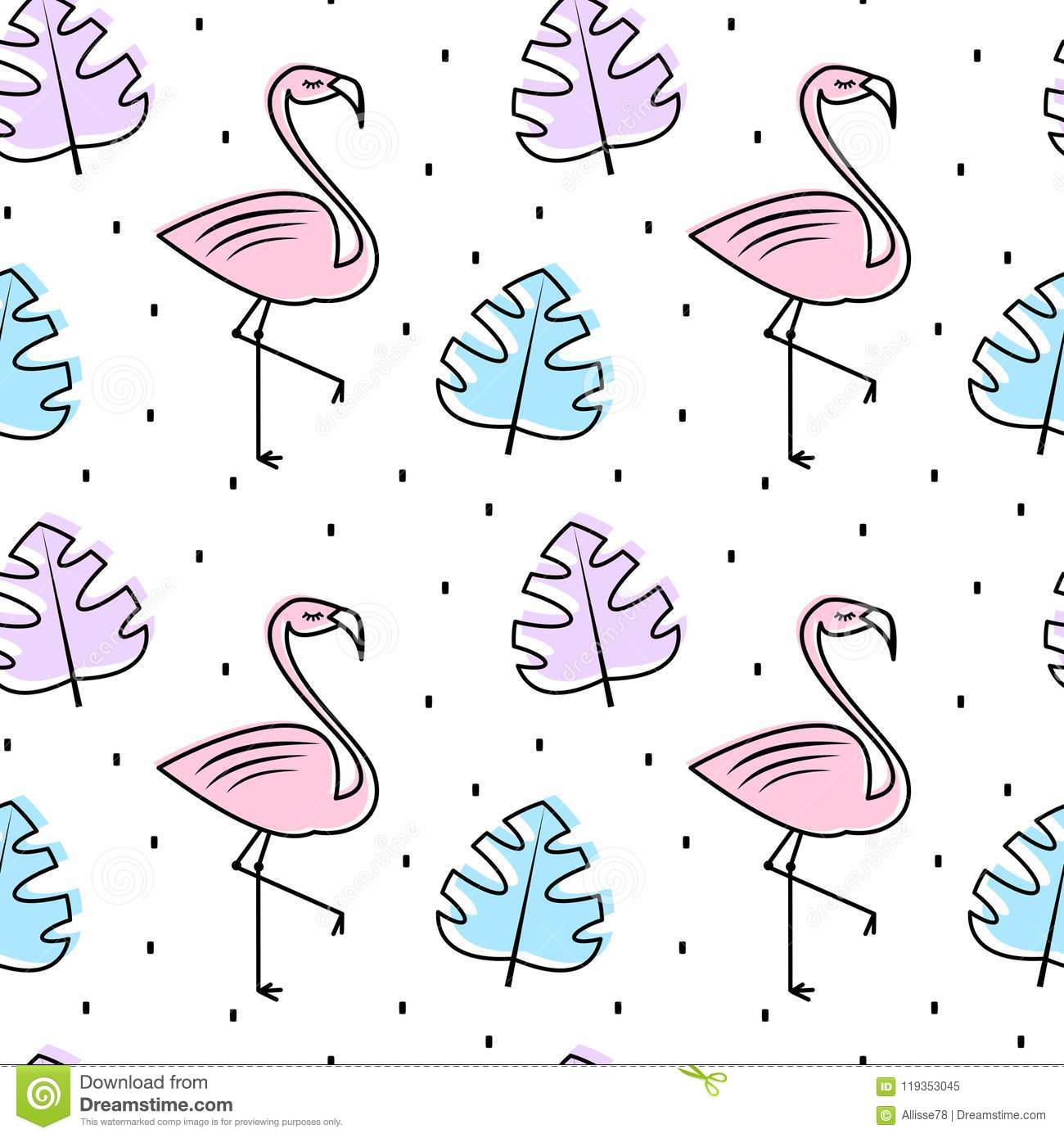 Cute summer colorful seamless vector pattern background illustration with exotic leaves and flamingos stock vector
