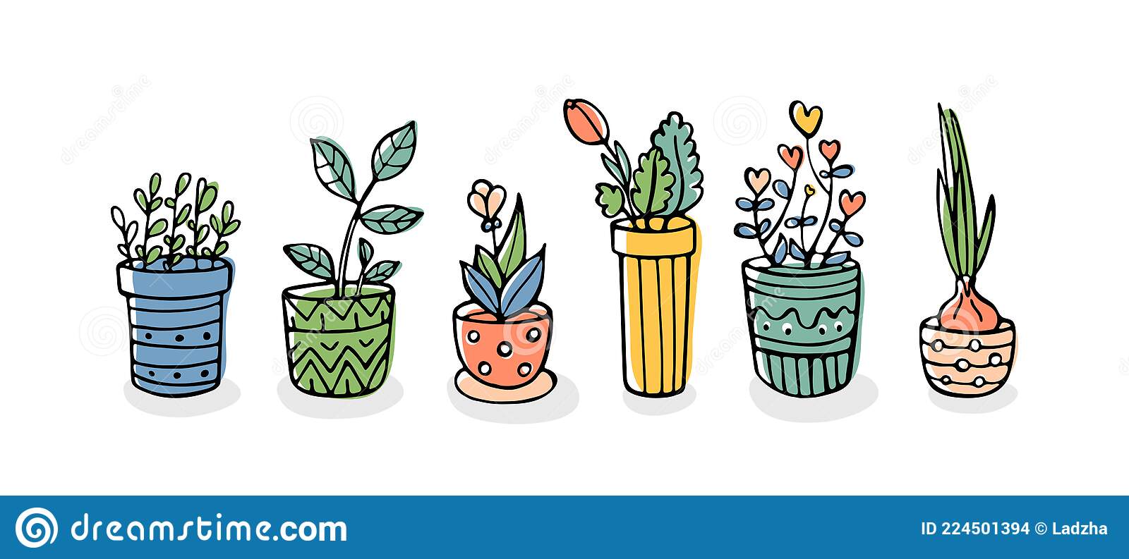 Doodle plants in pots set sketch style stock vector