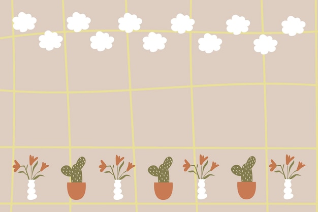 Free vector cute grid frame background plant doodle in earth tone design vector