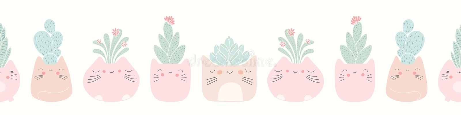 Kawaii cat plant pots with succulents seamless banner background cute vector border pattern design stock vector