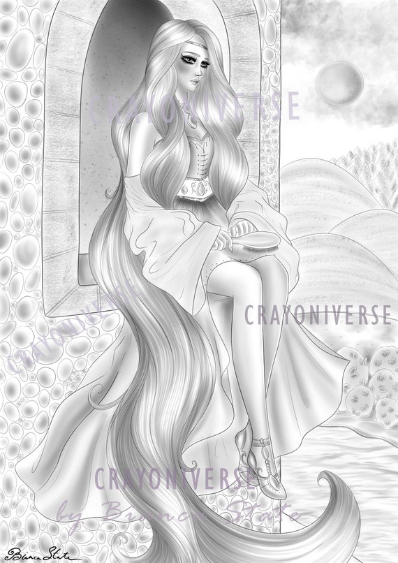 Rapunzel coloring page for adults instant download printable file grayscale illustration jpg and pdf bianca state spring instant download