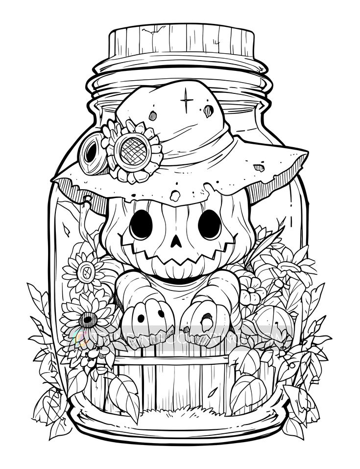 Kawaii halloween in jar coloring pages