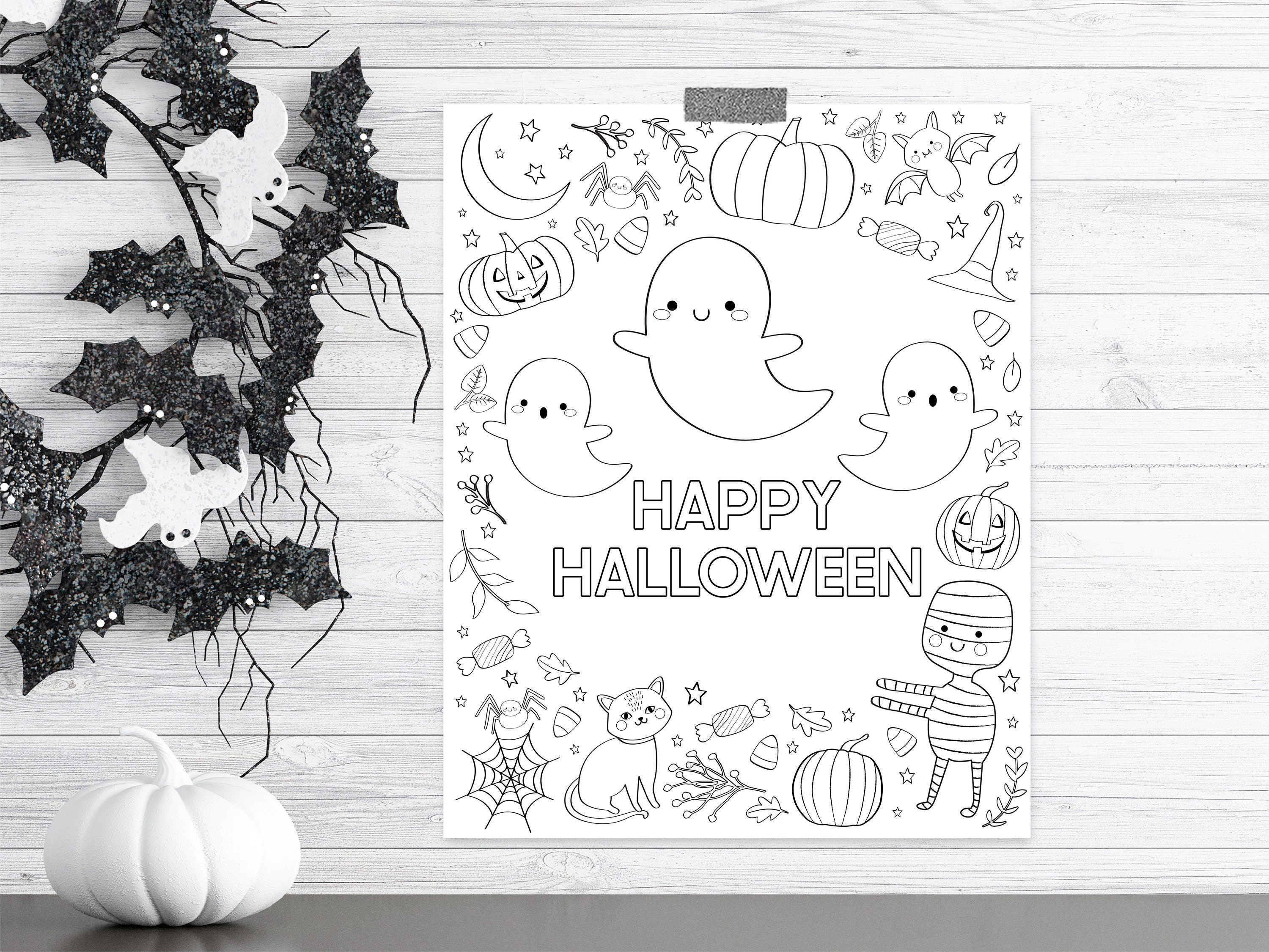 Spooky cute halloween coloring page halloween party activity ghost pumpkin spider candy happy halloween printable coloring page download